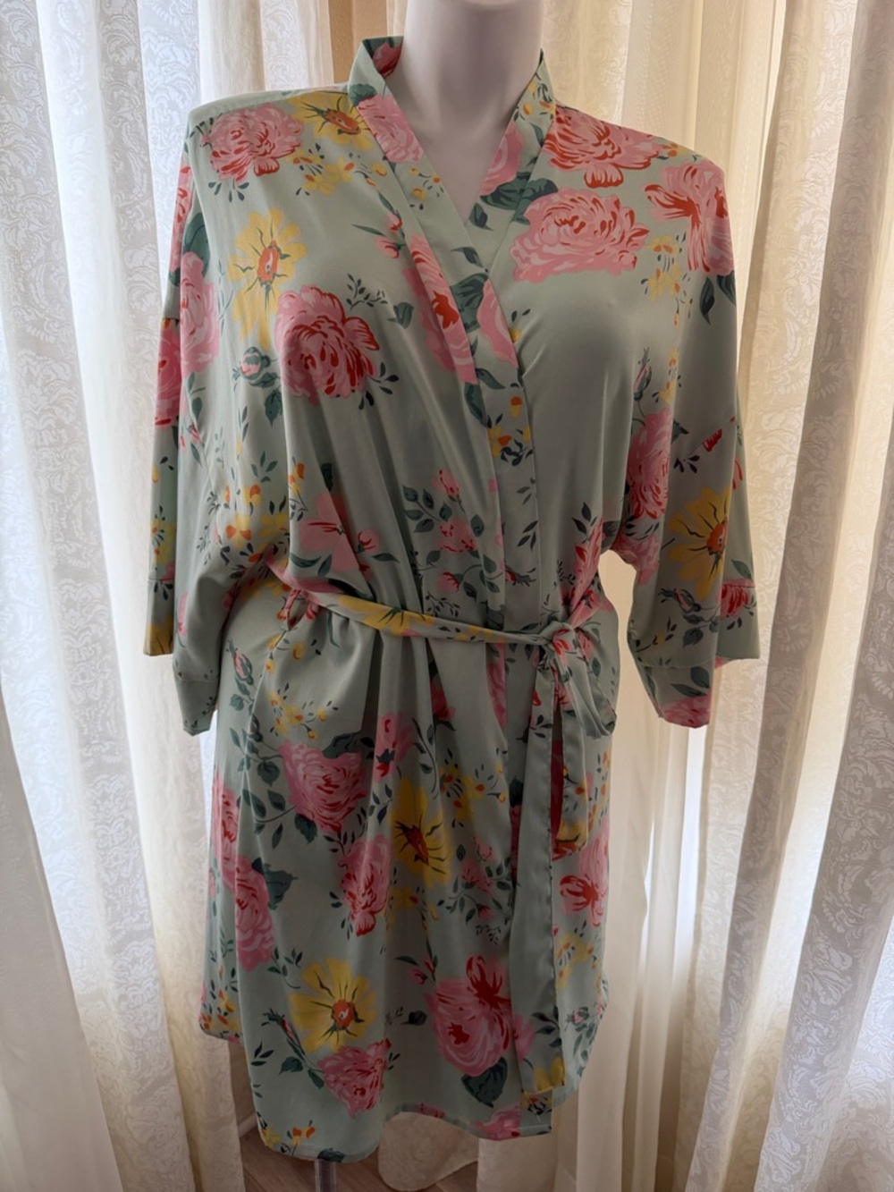 Soho Apparel Mint Floral Satin Robe with Pink & Yellow Blooms